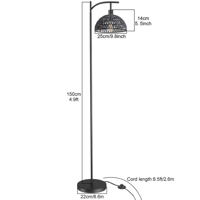 Vintage schwarze Hanfseil-Stehlampe mit rundem Schirm für Zuhause